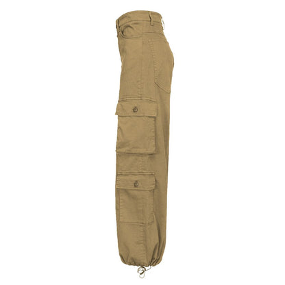 Side view of PINKO Beige Cotton Women Cargo Pant featuring seven-pocket design and elastic hemline for stylish comfort.