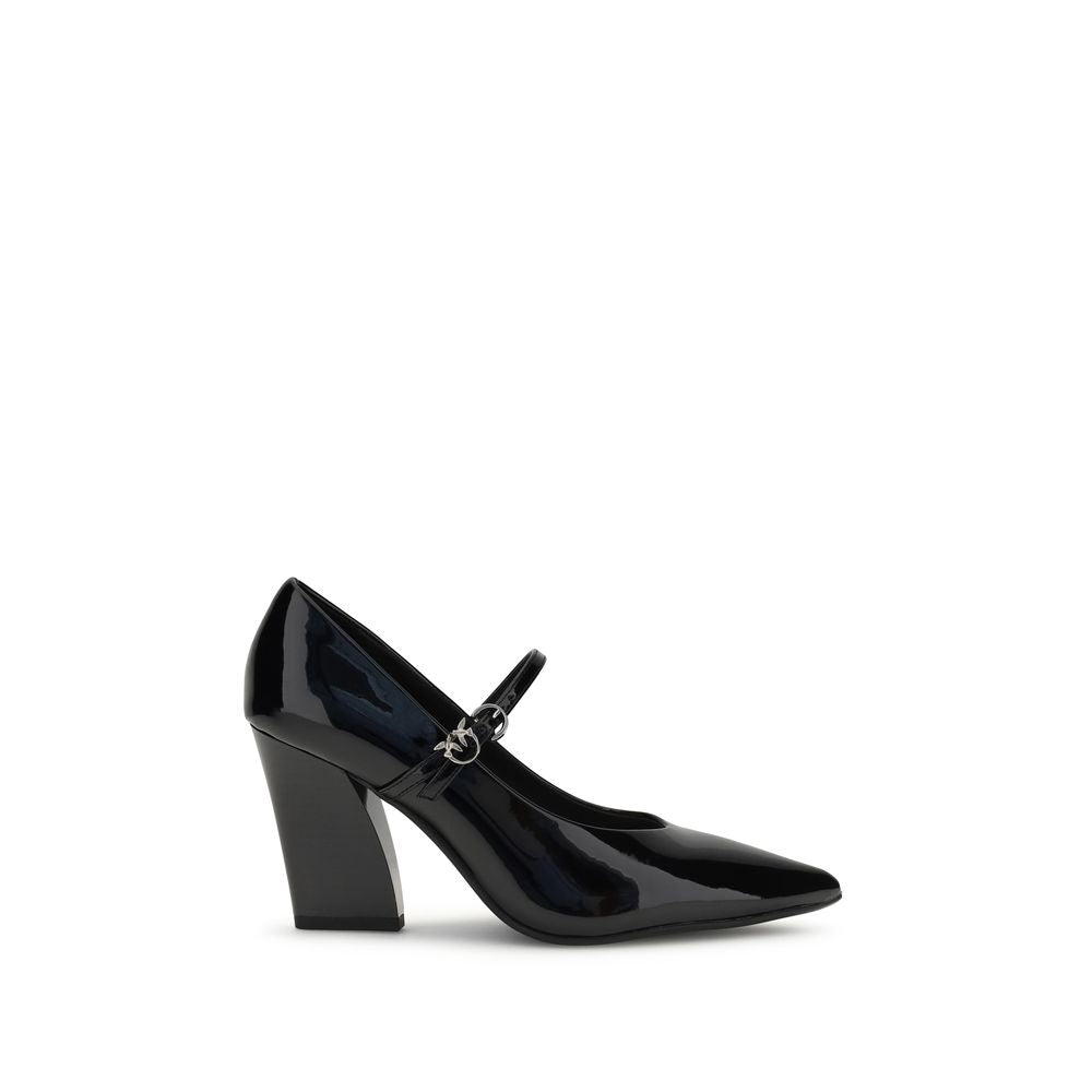 PINKO Black Calf Leather Bos Taurus High Heel Pumps with patent finish and adjustable strap, featuring a chunky heel design.