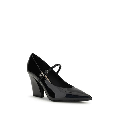 PINKO Black Calf Leather Bos Taurus High Heel Pumps with patent leather, pointed upper, and adjustable strap for AW25 season.