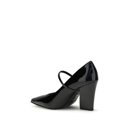 PINKO Black Calf Leather Bos Taurus High Heel Pumps with glossy finish and adjustable strap, showcasing the cubic heel and sleek design.