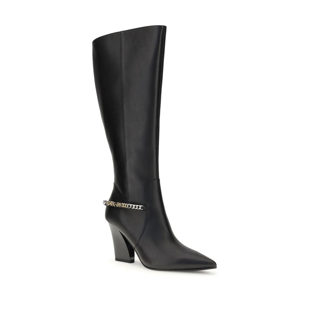 PINKO Black Nylon Boots with tapered toe, asymmetric heel, and logo chain detail for bold contemporary style.