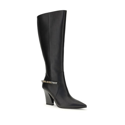 PINKO Black Nylon Boots with tapered toe, asymmetric heel, and logo chain detail for bold contemporary style.