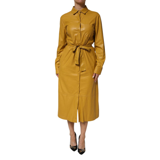 PINKO Polyester Belted Shirt Midi Long Sleeve Yellow Mustard dress with classic collar, button closure, and removable belt. Model wearing dress.