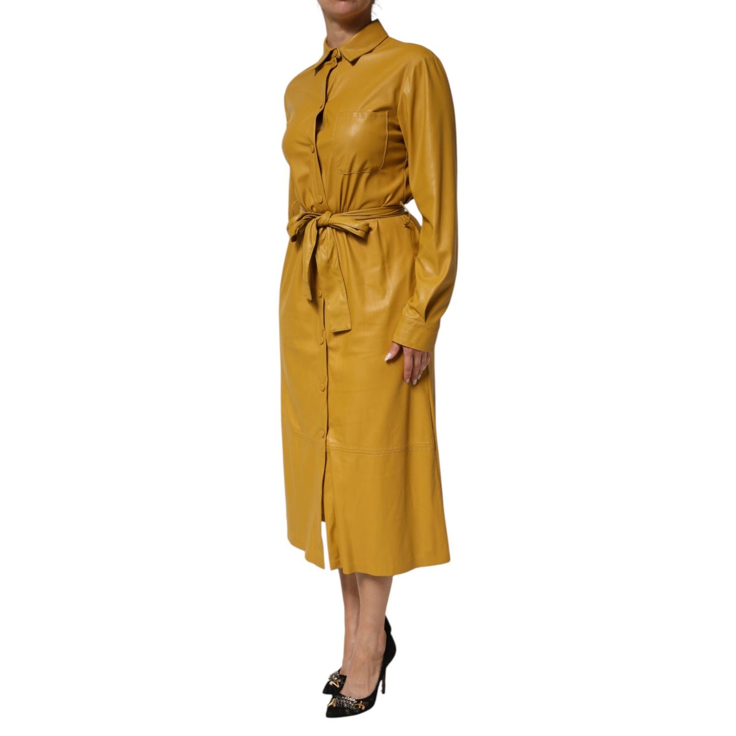 PINKO Polyester Belted Shirt Midi Long Sleeve Yellow Mustard dress in mustard faux leather, featuring a classic collar and removable belt.