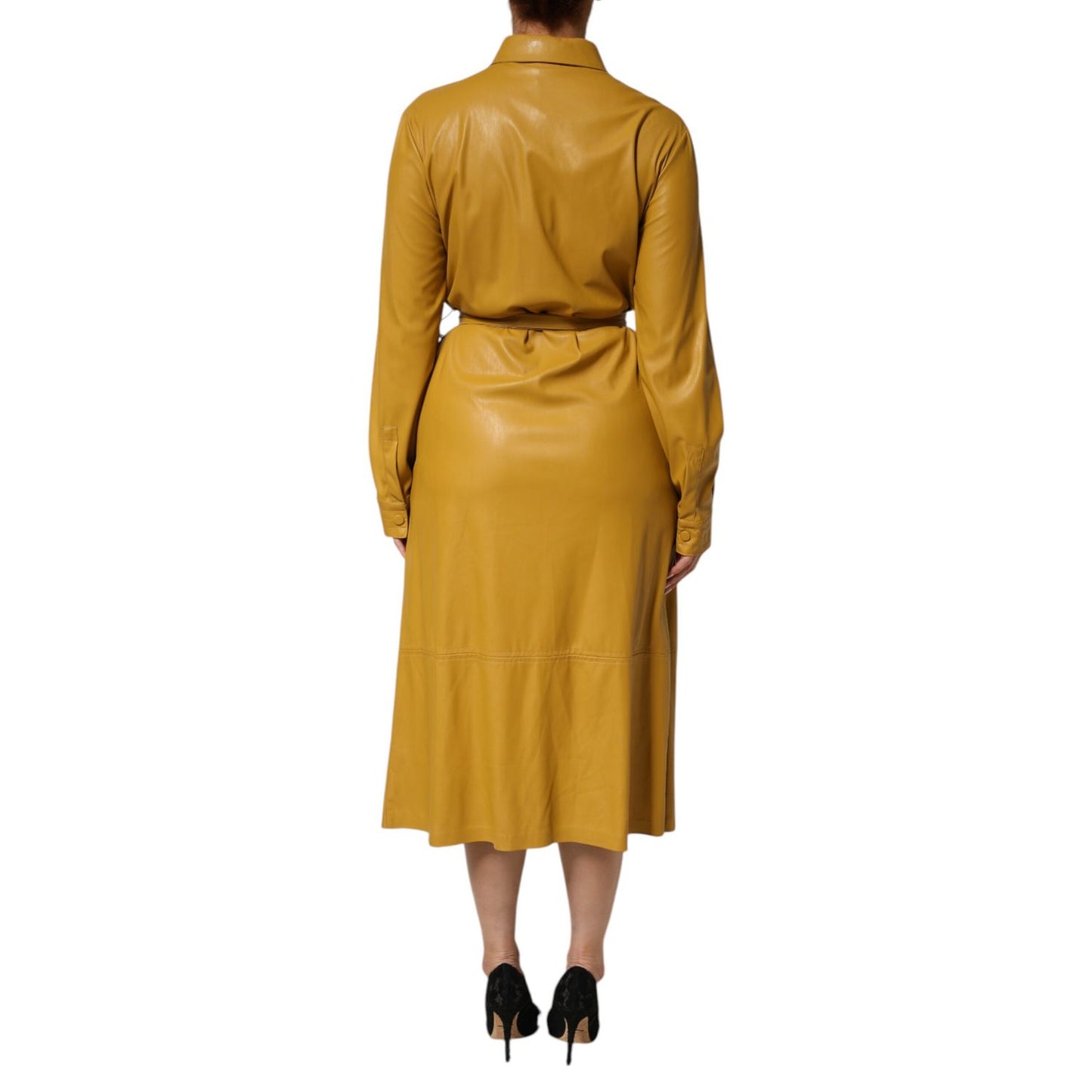 Back view of PINKO Polyester Belted Shirt Midi Long Sleeve Yellow Mustard dress with button closure and removable belt.