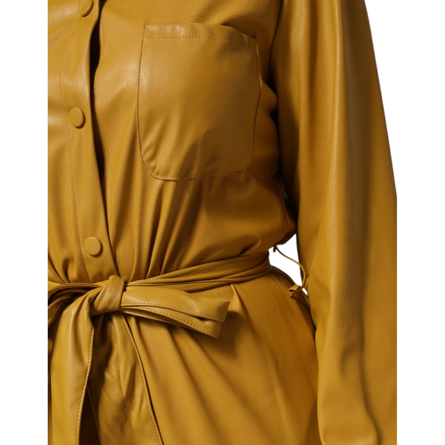 Close-up of PINKO Polyester Belted Shirt Midi Long Sleeve Yellow Mustard in faux leather with button closure and waist belt.