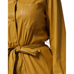 Close-up of PINKO Polyester Belted Shirt Midi Long Sleeve Yellow Mustard in faux leather with button closure and waist belt.