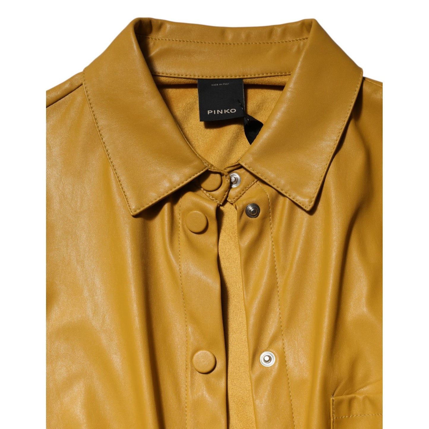Close-up of PINKO Polyester Belted Shirt Midi Long Sleeve Yellow Mustard dress with smooth faux leather and shirt collar.