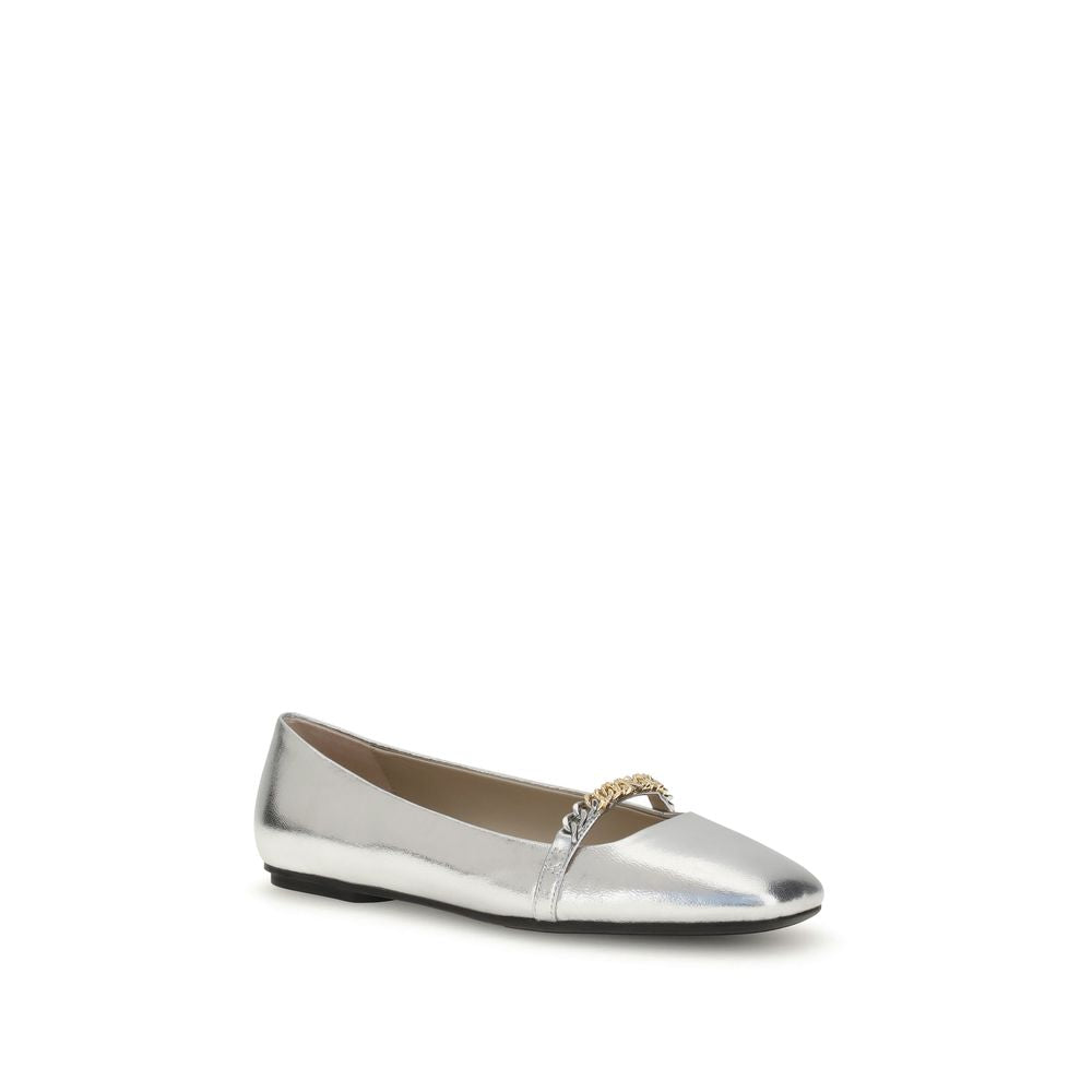 PINKO Silver Calf Leather Bos Taurus Ballet Flats with decorative loop and metal detail, elegant leather ballerinas for AW25 collection.