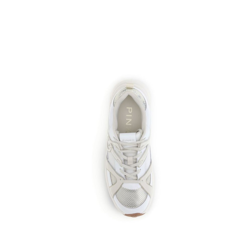 Top view of PINKO White Calf Leather Bos Taurus Chunky Sneakers with mesh inserts and Love Birds logo.