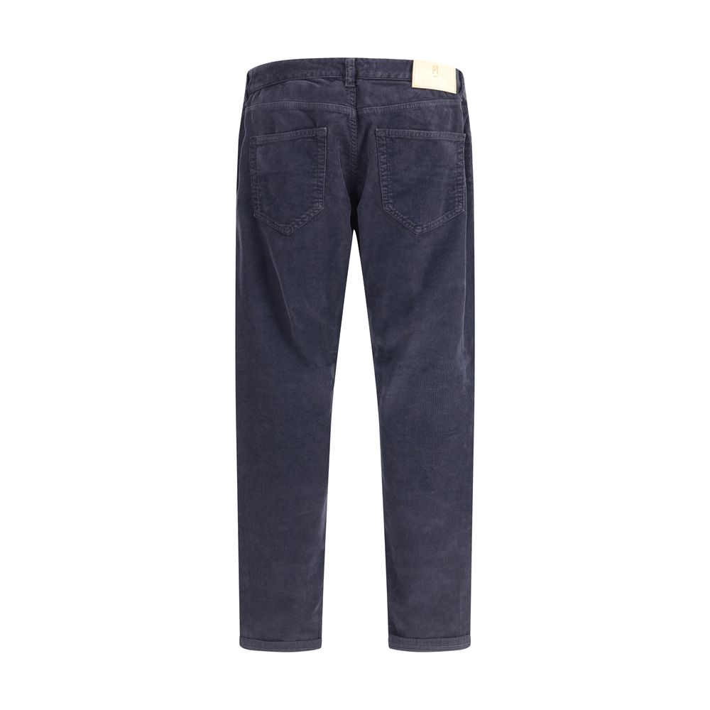PT Torino Blue Cotton Casual Pants with five-pocket corduroy design, straight fit, and leather patch, back view, AW25 season.