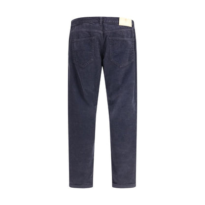 PT Torino Blue Cotton Casual Pants with five-pocket corduroy design, straight fit, and leather patch, back view, AW25 season.