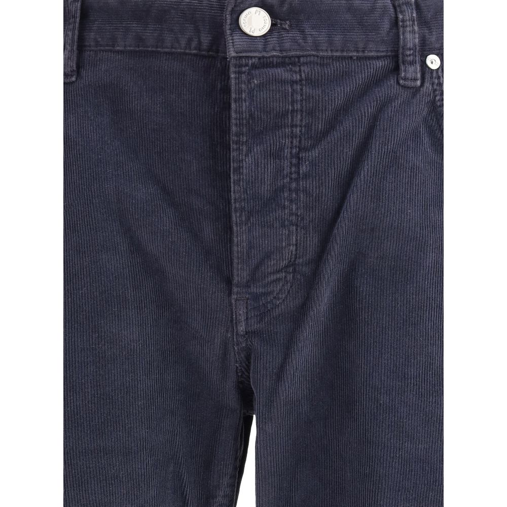 PT Torino Blue Cotton Casual Pants with corduroy texture, straight fit, button closure, and brand's leather patch on back.