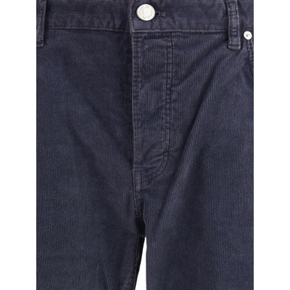 PT Torino Blue Cotton Casual Pants with corduroy texture, straight fit, button closure, and brand's leather patch on back.