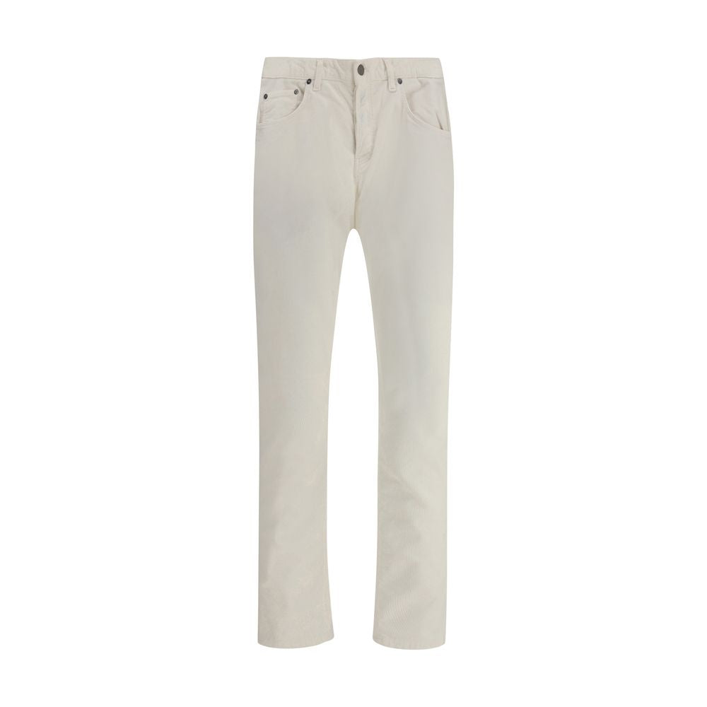 PT Torino White Cotton Pants with corduroy design, straight fit, and signature leather patch, ideal for AW25 season wear.