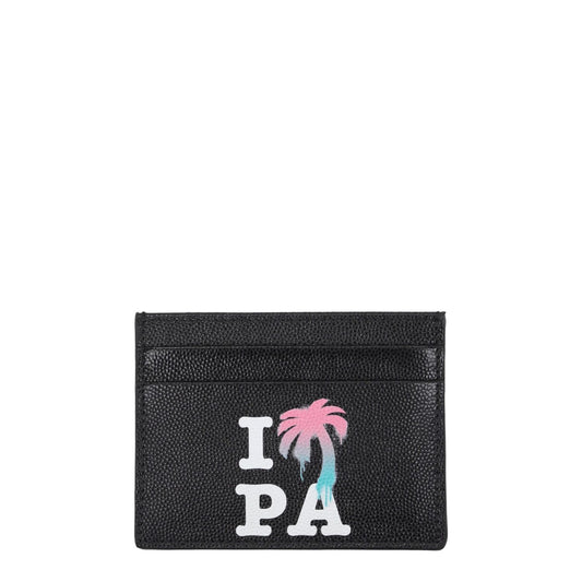 Palm Angels Black Leather Cardholder with front logo and street style design, featuring multiple slots, 8x10.5 cm.