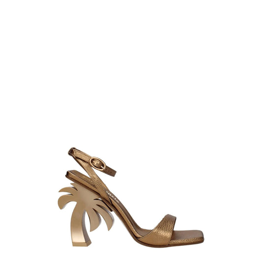 Palm Angels Gold Leather Platform Sandals with high heel and open toe, featuring buckle closure and palm tree detail on sole.