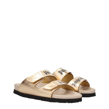 Alt Tag: Palm Angels Gold Leather Slippers with metallic effect, front logo, strap closure, open toe, low flat heel, rubber sole.