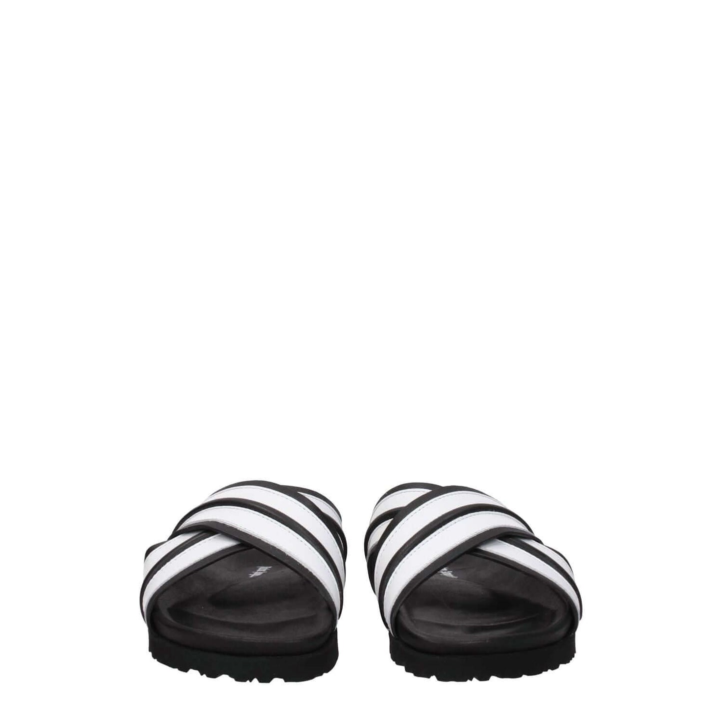 Palm Angels White Leather Slippers, casual open toe, black and white design, featuring rubber sole, low heel.