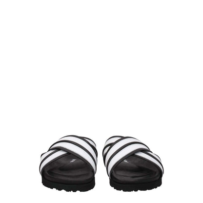Palm Angels White Leather Slippers, casual open toe, black and white design, featuring rubber sole, low heel.