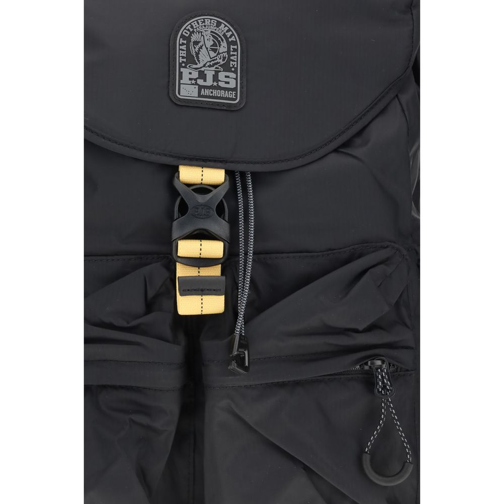 Parajumpers Black Nylon Backpack with buckle and zippered exterior pockets, ripstop nylon, and adjustable straps for functionality.