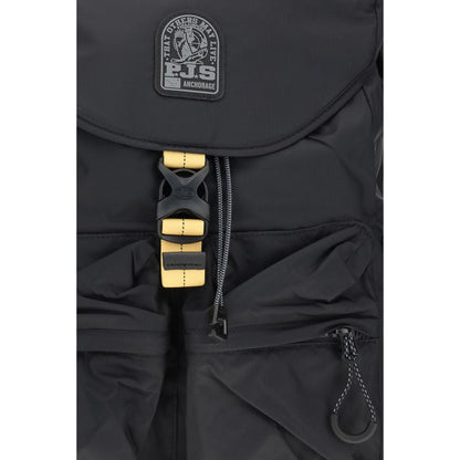 Parajumpers Black Nylon Backpack with buckle and zippered exterior pockets, ripstop nylon, and adjustable straps for functionality.