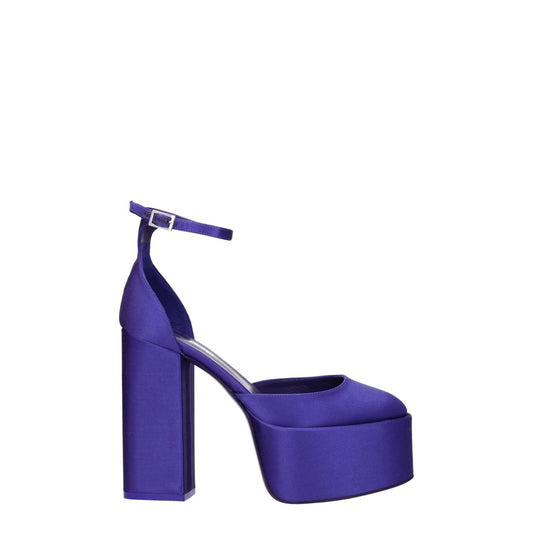 Paris Texas Purple Satin Platform Sandals with high heel and buckle closure, featuring a leather sole and romantic style.
