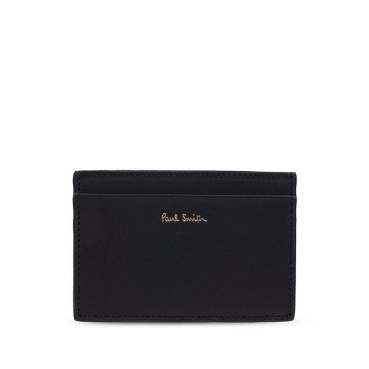 Paul Smith Signature Stripe leather card case, black with logo stamp and card slots, showcasing elegant design and quality leather.