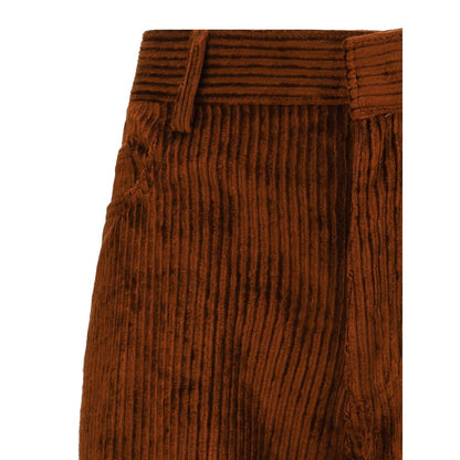 Close-up of Petar Petrov Brown Cotton Casual Pants with corduroy texture, highlighting wide leg cut and front zipper closure.