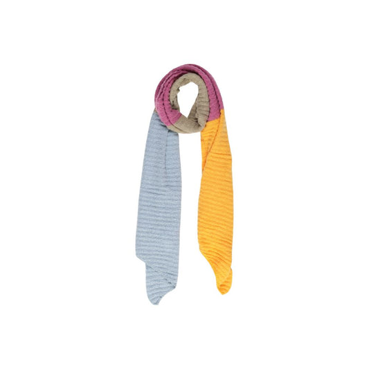 Pieces Yellow Recycled Polyester Scarf with colorful block design, showcasing sustainable fashion and style.