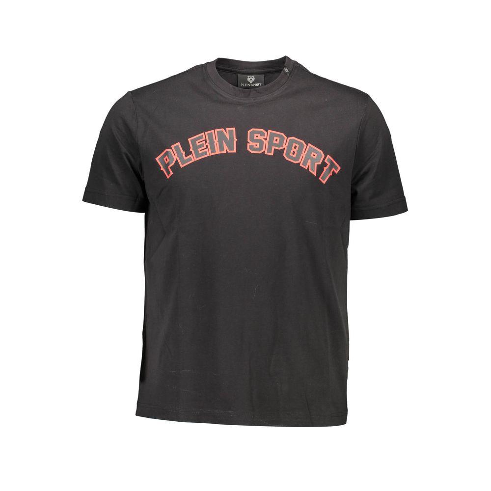 Plein Sport Black Cotton Men T-Shirt with logo print and crew neck for trendy streetwear style.