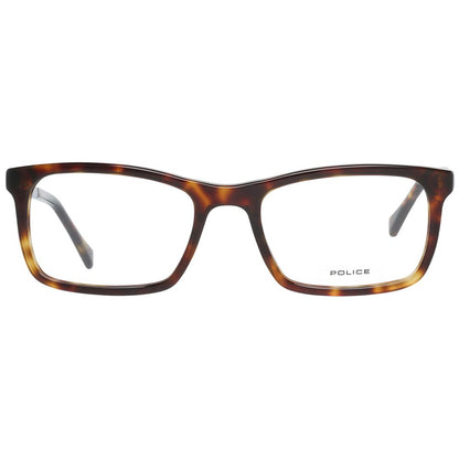Police Brown Plastic Glasses (Frames), full-rim, rectangle style, men's eyewear with demo lenses, frame size 52-19-145, includes case.
