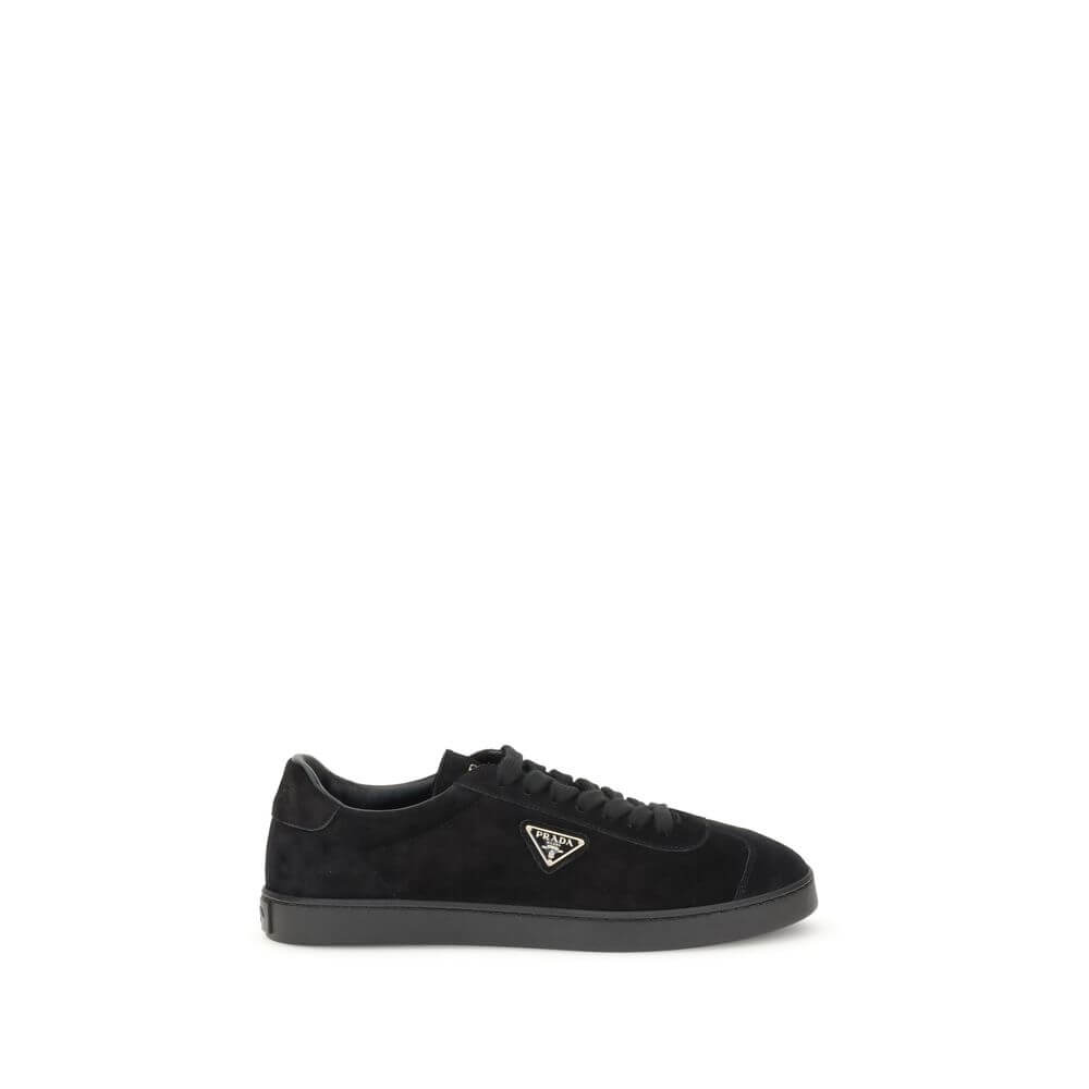 Prada Black Calf Leather Bos Taurus Low Top Sneakers with rubber sole and triangular plaque design, suede finish, and logo detailing.