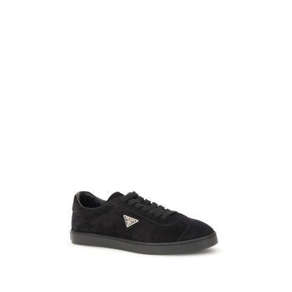 Prada Black Calf Leather Bos Taurus Low Top Sneakers with rubber sole and iconic triangular plaque.
