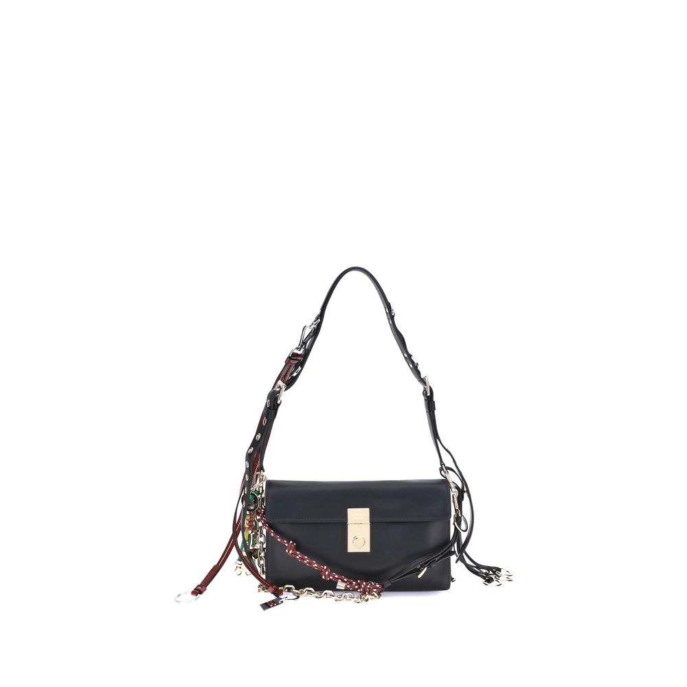 Prada Black Calf Leather Bos Taurus Shoulder Bag with metallic logo and adjustable strap