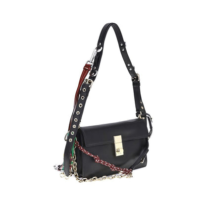Prada Black Calf Leather Bos Taurus Shoulder Bag with adjustable strap and metallic logo detail.