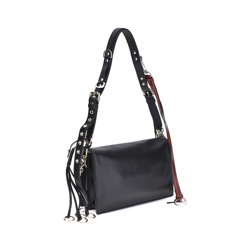 Prada Black Calf Leather Bos Taurus Shoulder Bag with adjustable strap and metallic logo detail.