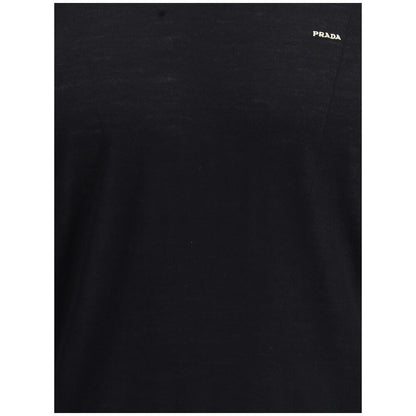 Prada Black Fleece Wool Sweatshirt with embroidered logo on chest, ribbed crew neck, cuffs, and hem for structured fit.
