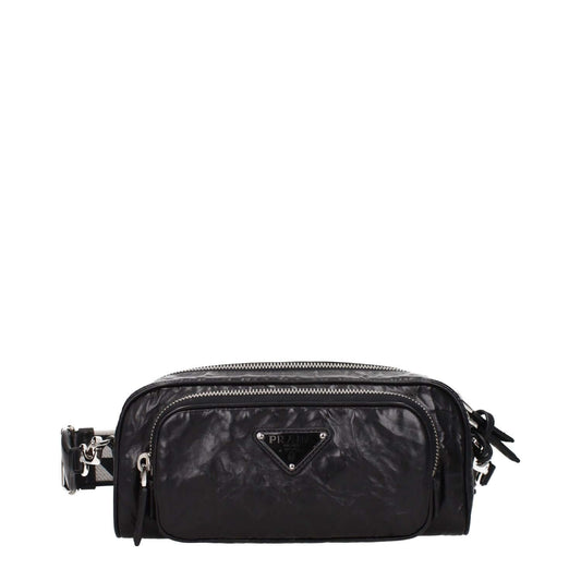 Prada Black Leather Crossbody Bag with front logo, adjustable strap, and zip closure; small size, silver details, and external pocket.