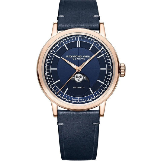 Alt Tag: Elegant RAYMOND WEIL MOD. 2945-PC5-50001 watch with blue dial and leather strap, showcasing luxury design and craftsmanship