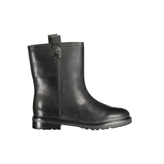 Ralph Lauren Black Leather Women Boot with elegant design and iconic logo, crafted from premium leather and polyester for versatile style.