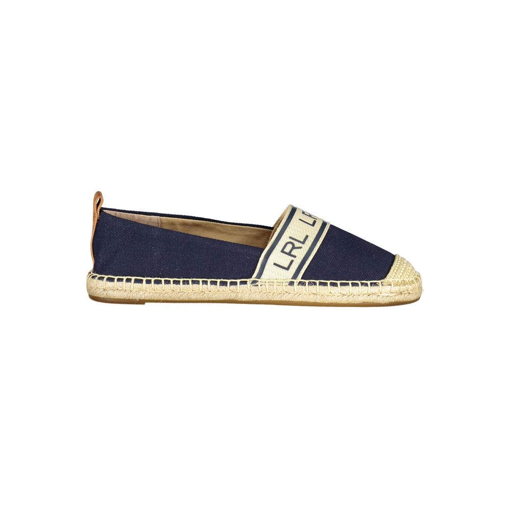 Side view of Ralph Lauren Blue Polyester Women Flat Shoe with contrasting details and LRL logo on the upper.
