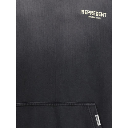 Represent Black Cotton Sweatshirt with iconic monogram and front kangaroo pocket for comfortable streetwear style.