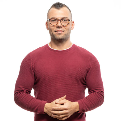 Man in red sweater with glasses on white background