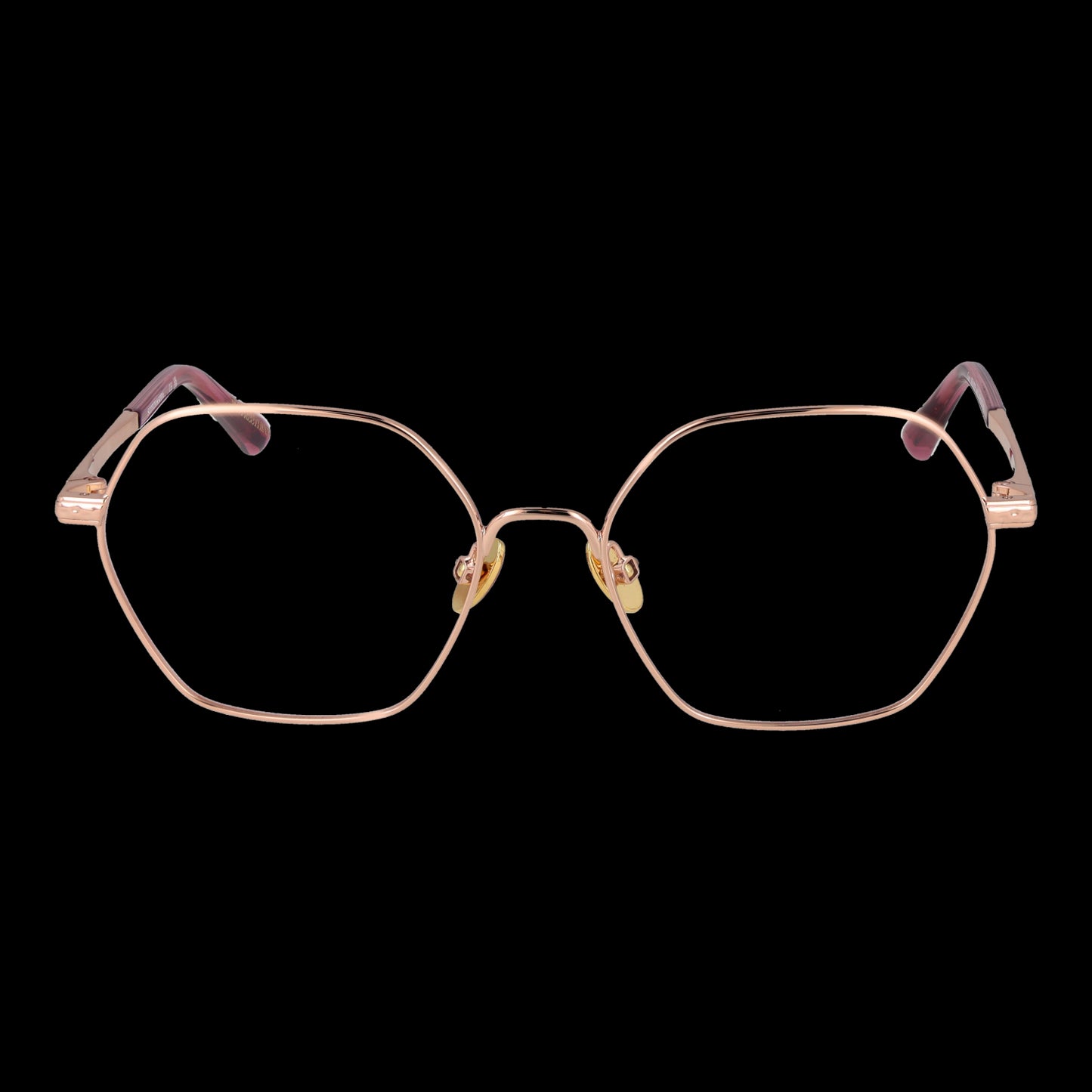 SCOTCH & SODA MOD. SS1025 53401 Lady eyeglasses with rose gold hexagonal frame displayed on black background.