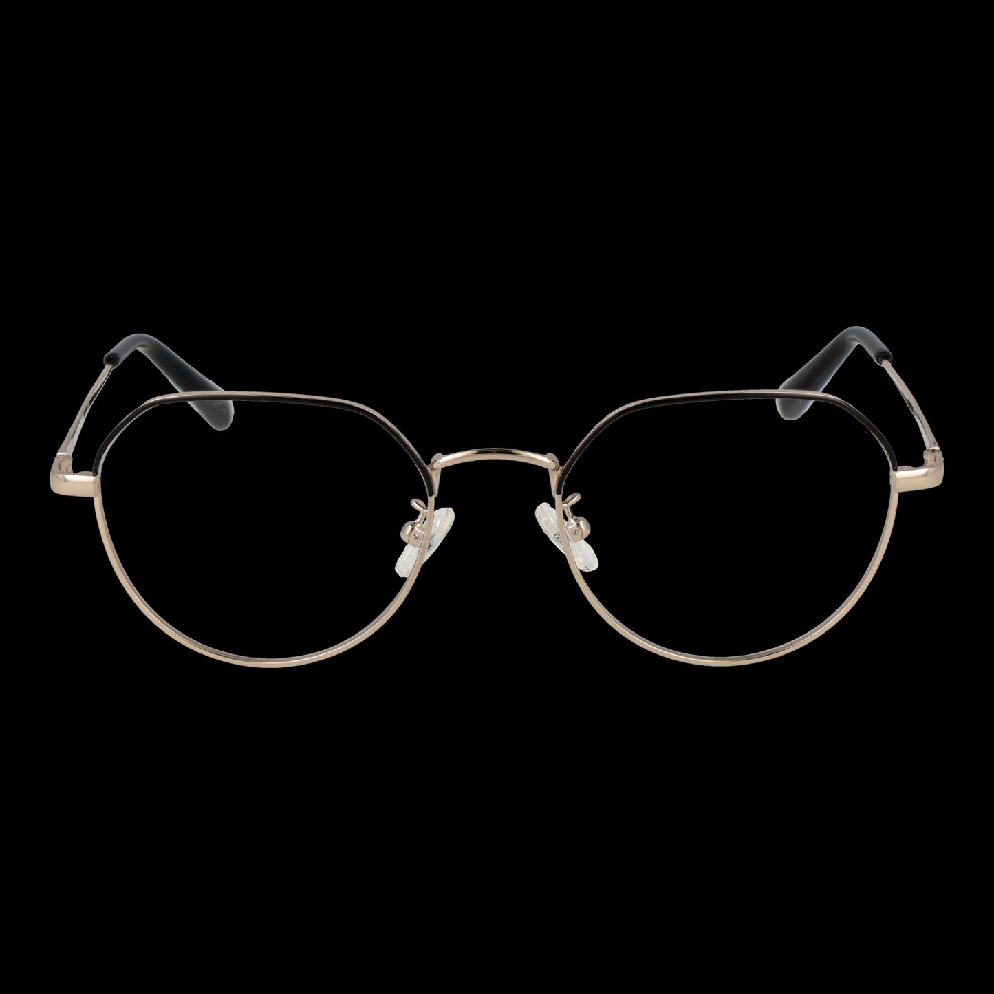 Gold-rimmed eyeglasses with black temple tips against black background