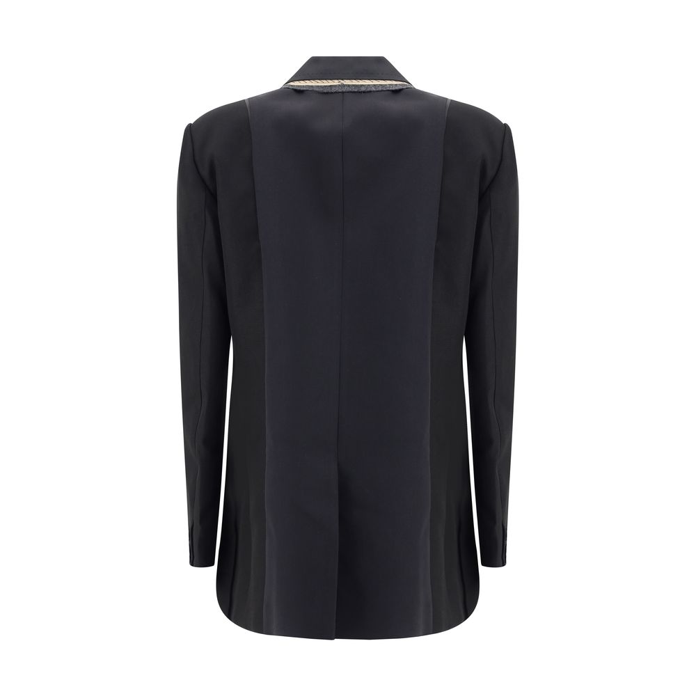 Back view of Sacai Black Polyester Clothing showcasing sleek design with double-breasted cut and lapel details.