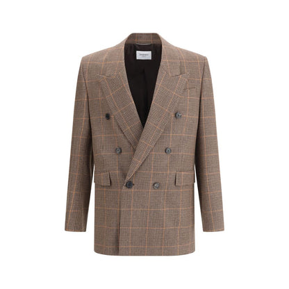 Saint Laurent Beige Wool Blazer with double-breasted design and six-button closure, featuring padded shoulders for structured elegance.