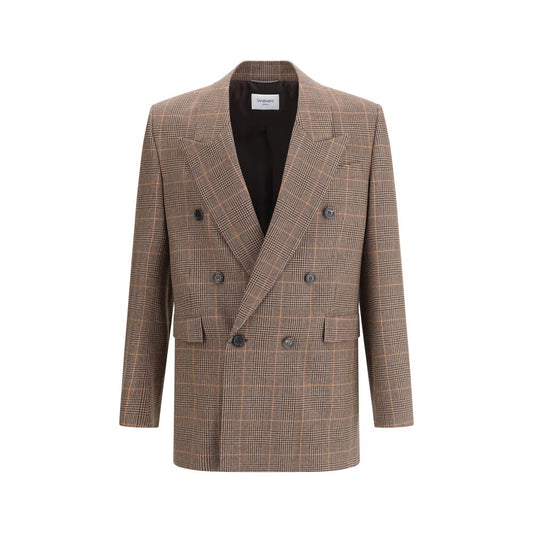 Saint Laurent Beige Wool Blazer with double-breasted silhouette, six-button closure, padded shoulders, and welt flap pockets.