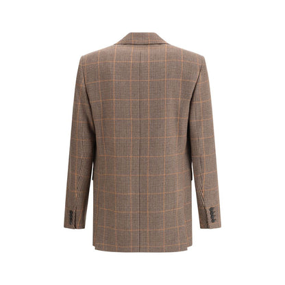 Back view of Saint Laurent Beige Wool Blazer with plaid pattern, featuring a double-breasted design and tailored elegance.